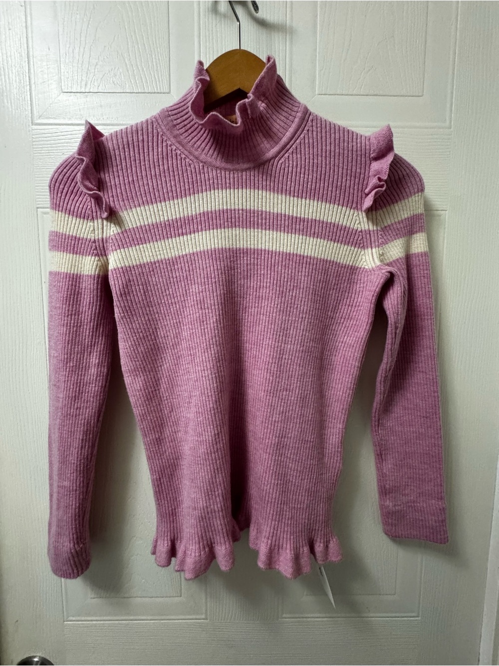 Ruffle Trim Pink Ribbed Turtleneck Sweater with White Stripes